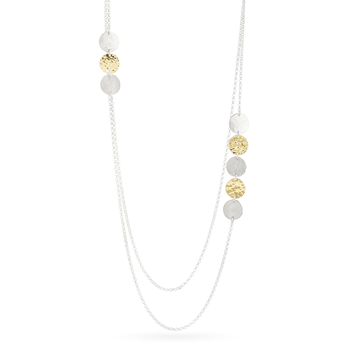 Necklace with two rows in sterling silver and 22 cts gold RJC, mat and hammered/polished