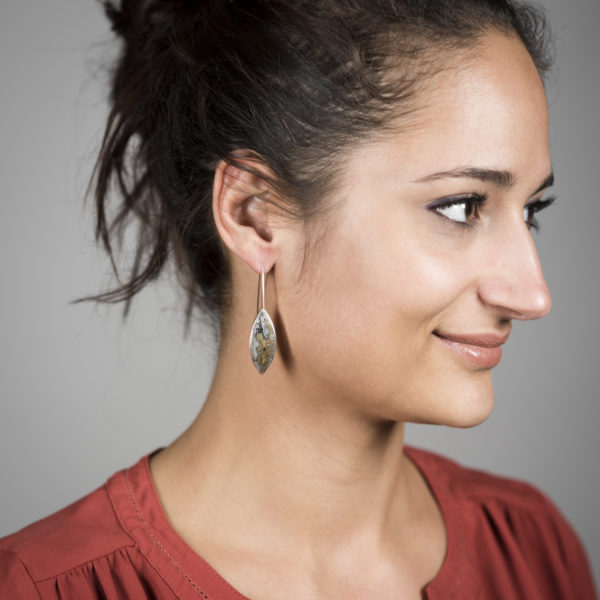 Boucles d'oreilles en forme de feuilles, argent et Mokumé Gané